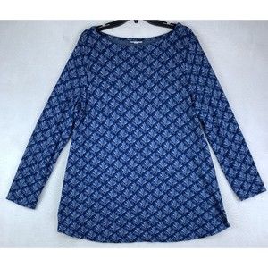 J Jill Top Womens Large Ponte Blue Floral Boat Neck Long Sleeve Stretch